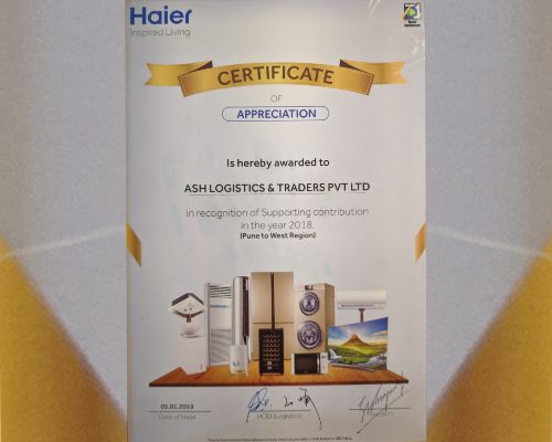 Haier Award - Certificate of Appreciation 2018
