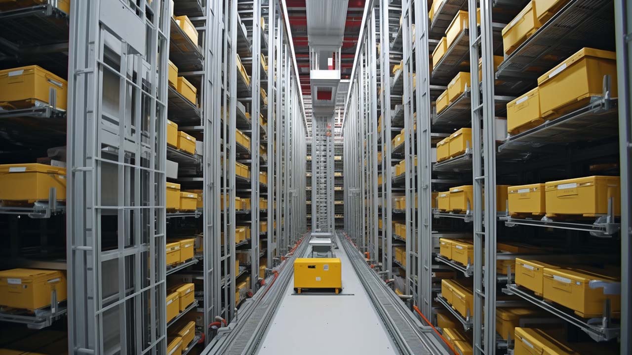 Automated Storage and Retrieval System (ASRS) operating inside a modern warehouse