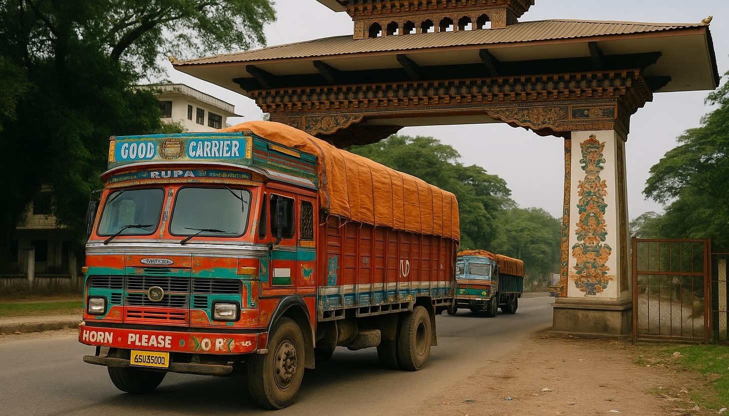 Cross-border logistics truck crossing international border checkpoint