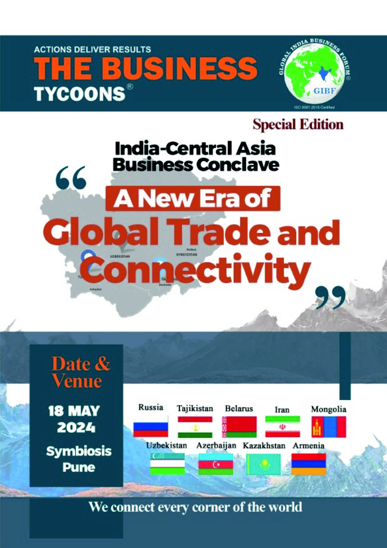 India–Central Asia Business Conclave 2024 in Pune, organized by GIBF, featuring diplomats from Central Asian countries discussing trade and investment opportunities with over 350 business leaders and investors.