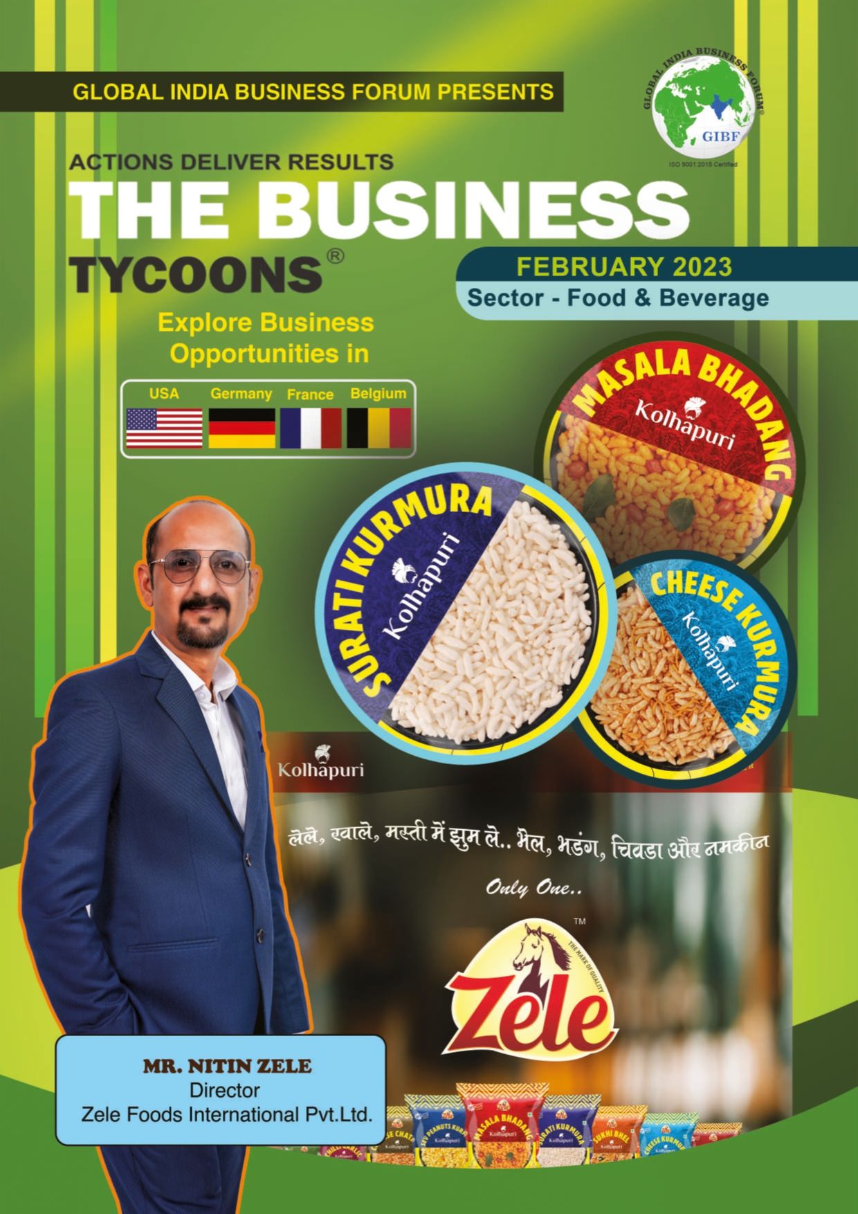 The Business Tycoons 2023 Food & Beverages edition showcasing Indian snacks' global rise, Zele Traders' success, and emerging